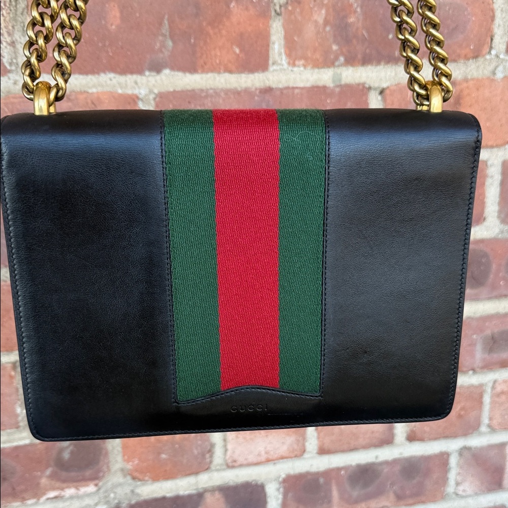 Gucci Black Leather Shoulder Bag with Red & Green Stripe and Gold Crest - Picture 2 of 10